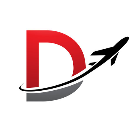Red and Black Uppercase Letter D Icon with an Airplane on a White Backgroundのイラスト素材