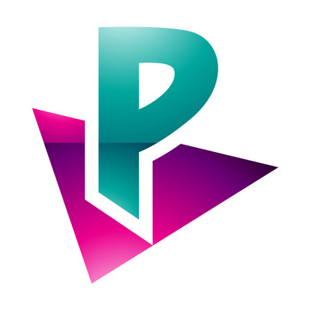 Magenta and Green Glossy Letter P Icon with a Triangle on a White Backgroundの写真素材