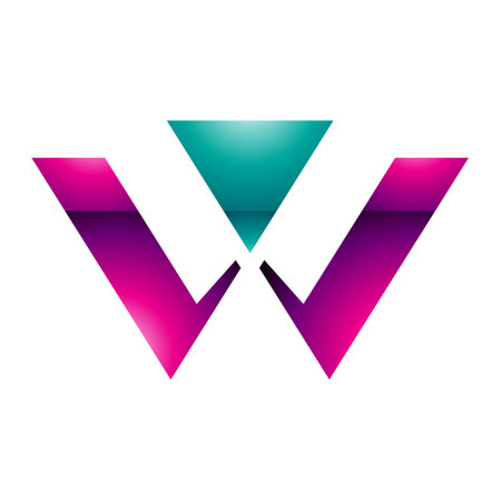 Magenta and Green Glossy Triangle Shaped Letter W Icon on a White Backgroundの写真素材