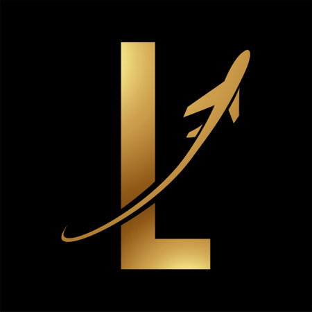 Glossy Gold Futuristic Letter L Icon with an Airplane on a Black Backgroundの写真素材