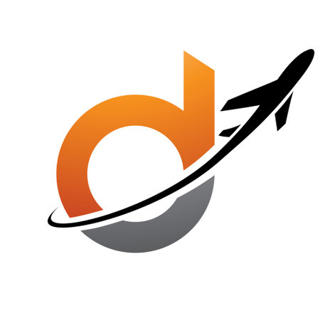 Orange and Black Lowercase Letter D Icon with an Airplane on a White Backgroundの写真素材