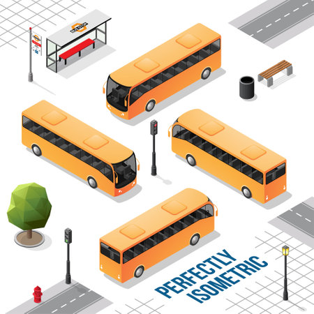 Yellow Isometric Bus from the Front Back Right and Left isolated on Whiteの写真素材