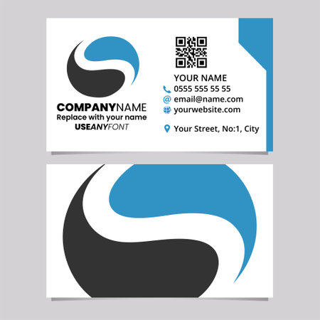 Blue and Black Business Card Template with Circle Shaped Letter S Logo Icon Over a Light Grey Backgroundのイラスト素材
