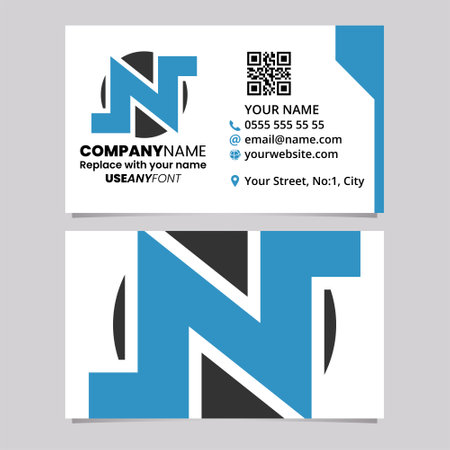 Blue and Black Business Card Template with Round Bold Letter N Logo Icon Over a Light Grey Backgroundのイラスト素材