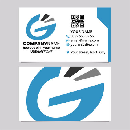 Blue and Black Business Card Template with Striped Oval Letter G Logo Icon Over a Light Grey Backgroundのイラスト素材