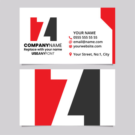 Red and Black Business Card Template with Rectangle Shaped Letter Z Logo Icon Over a Light Grey Backgroundのイラスト素材