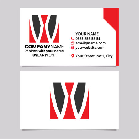 Red and Black Business Card Template with Square Letter W Logo Icon Over a Light Grey Backgroundのイラスト素材
