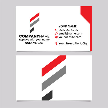 Red and Black Business Card Template with Diagonal Striped Letter F Logo Icon Over a Light Grey Backgroundのイラスト素材