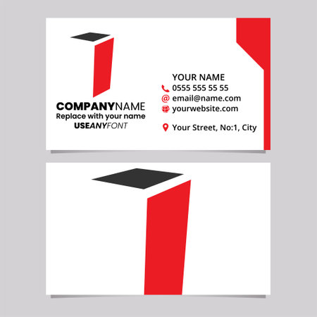 Red and Black Business Card Template with Folded Letter I Logo Icon Over a Light Grey Backgroundのイラスト素材