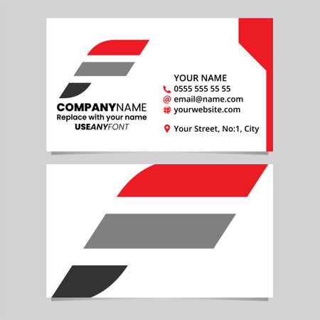Red and Black Business Card Template with Horizontal Striped Letter F Logo Icon Over a Light Grey Backgroundのイラスト素材
