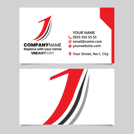Red and Black Business Card Template with Layered Letter J Logo Icon Over a Light Grey Backgroundのイラスト素材
