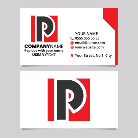 Red and Black Business Card Template with Square Letter P Logo Icon Over a Light Grey Backgroundのイラスト素材