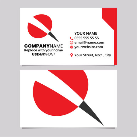 Red and Black Business Card Template with Screw Shaped Letter Q Logo Icon Over a Light Grey Backgroundのイラスト素材
