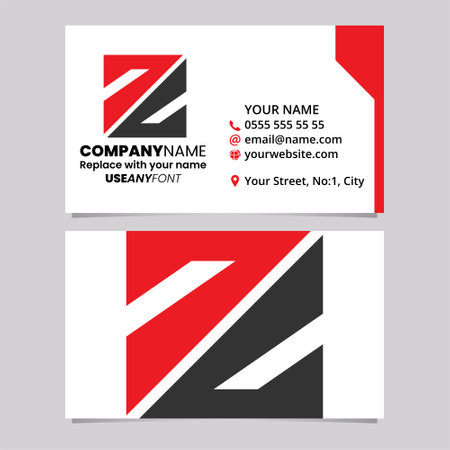 Red and Black Business Card Template with Triangular Square Shaped Letter Z Logo Icon Over a Light Grey Backgroundのイラスト素材