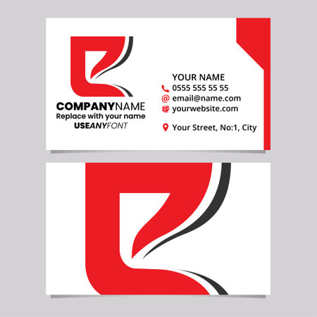 Red and Black Business Card Template with Wavy Layered Letter E Logo Icon Over a Light Grey Backgroundのイラスト素材