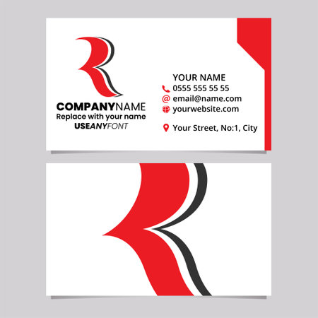 Red and Black Business Card Template with Wavy Shaped Letter R Logo Icon Over a Light Grey Backgroundのイラスト素材