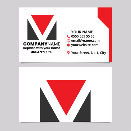 Red and Black Business Card Template with Square Letter V Logo Icon Over a Light Grey Backgroundのイラスト素材
