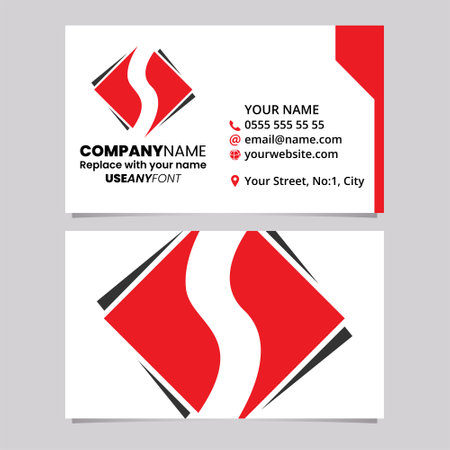 Red and Black Business Card Template with Square Diamond Letter S Logo Icon Over a Light Grey Backgroundのイラスト素材