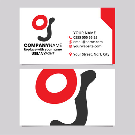 Red and Black Business Card Template with Soft Round Shaped Letter G Logo Icon Over a Light Grey Backgroundのイラスト素材