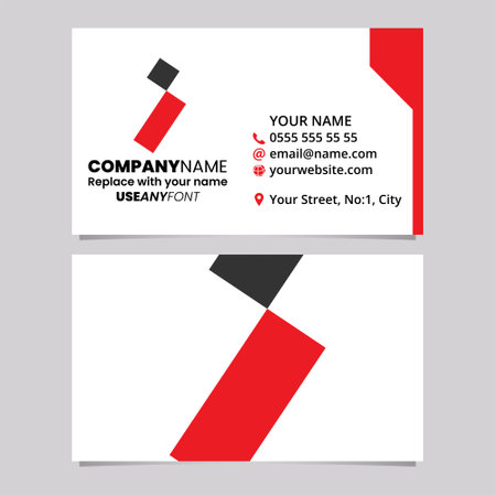 Red and Black Business Card Template with Square and Rectangle Shaped Letter I Logo Icon Over a Light Grey Backgroundのイラスト素材