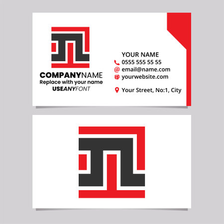 Red and Black Business Card Template with Square Letter N Logo Icon Over a Light Grey Backgroundのイラスト素材
