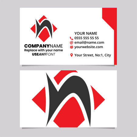 Red and Black Business Card Template with Square Diamond Shaped Letter N Logo Icon Over a Light Grey Backgroundのイラスト素材