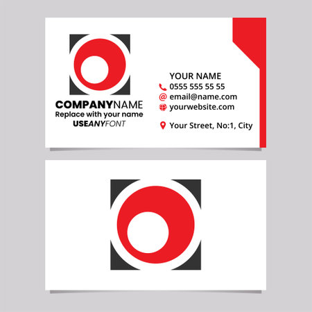 Red and Black Business Card Template with Square Letter O Logo Icon Over a Light Grey Backgroundのイラスト素材