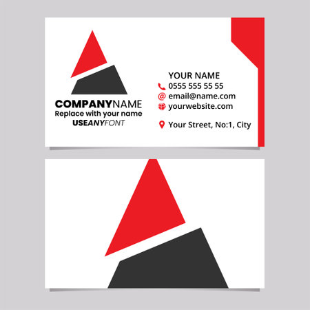 Red and Black Business Card Template with Split Triangle Shaped Letter A Logo Icon Over a Light Grey Backgroundのイラスト素材