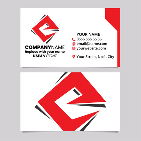 Red and Black Business Card Template with Square Diamond Letter E Logo Icon Over a Light Grey Backgroundのイラスト素材