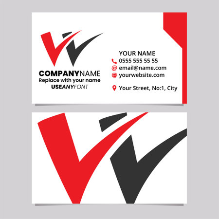 Red and Black Business Card Template with Tick Shaped Letter W Logo Icon Over a Light Grey Backgroundのイラスト素材