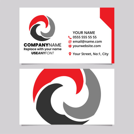 Red and Black Business Card Template with Wave Shaped Letter O Logo Icon Over a Light Grey Backgroundのイラスト素材