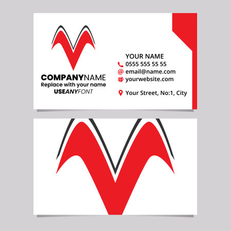 Red and Black Business Card Template with Wing Shaped Letter V Logo Icon Over a Light Grey Backgroundのイラスト素材