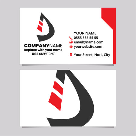 Red and Black Business Card Template with Striped Letter D Logo Icon Over a Light Grey Backgroundのイラスト素材