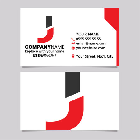 Red and Black Business Card Template with Split Shaped Letter J Logo Icon Over a Light Grey Backgroundのイラスト素材
