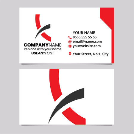 Red and Black Business Card Template with Spiky Lowercase Letter K Logo Icon Over a Light Grey Backgroundのイラスト素材