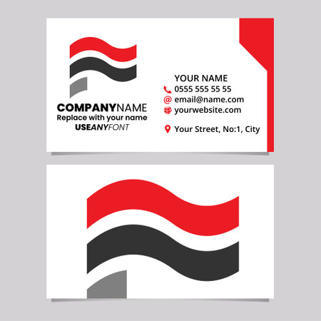 Red and Black Business Card Template with Wavy Flag Shaped Letter F Logo Icon Over a Light Grey Backgroundのイラスト素材