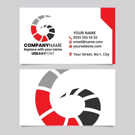 Red and Black Business Card Template with Striped Letter G Logo Icon Over a Light Grey Backgroundのイラスト素材