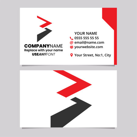 Red and Black Business Card Template with Zigzag Shaped Letter B Logo Icon Over a Light Grey Backgroundのイラスト素材