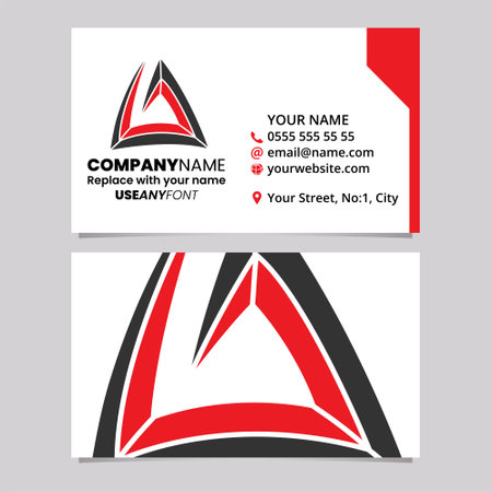 Red and Black Business Card Template with Triangular Spiral Letter A Logo Icon Over a Light Grey Backgroundのイラスト素材