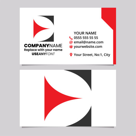 Red and Black Business Card Template with Triangular Uppercase Letter E Logo Icon Over a Light Grey Backgroundのイラスト素材