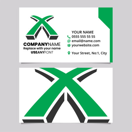 Green and Black Business Card Template with 3d Shaped Letter X Logo Icon Over a Light Grey Backgroundのイラスト素材