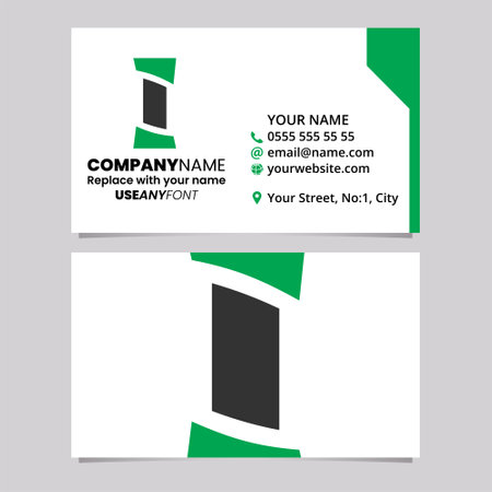 Green and Black Business Card Template with Antique Pillar Shaped Letter I Logo Icon Over a Light Grey Backgroundのイラスト素材