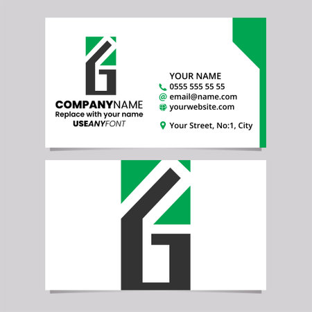Green and Black Business Card Template with Rectangular Letter G Logo Icon Over a Light Grey Backgroundのイラスト素材