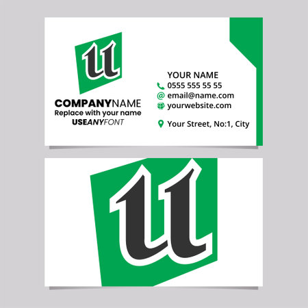 Green and Black Business Card Template with Distorted Square Shaped Letter U Logo Icon Over a Light Grey Backgroundのイラスト素材