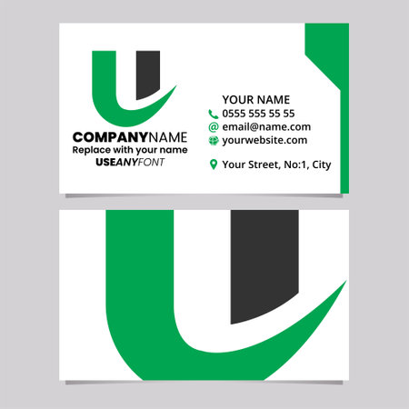 Green and Black Business Card Template with Bold Curvy Shaped Letter U Logo Icon Over a Light Grey Backgroundのイラスト素材