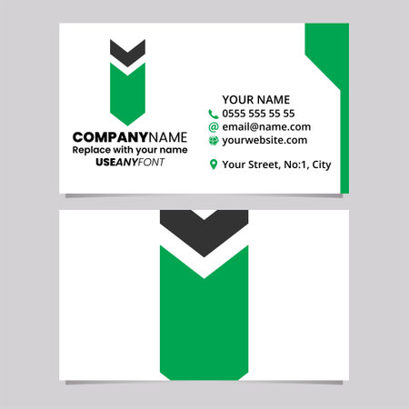 Green and Black Business Card Template with Down Facing Arrow Shaped Letter I Logo Icon Over a Light Grey Backgroundのイラスト素材