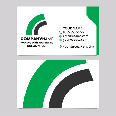 Green and Black Business Card Template with Arc Shaped Letter R Logo Icon Over a Light Grey Backgroundのイラスト素材
