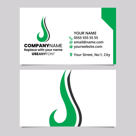 Green and Black Business Card Template with Hook Shaped Letter J Logo Icon Over a Light Grey Backgroundのイラスト素材