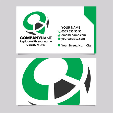 Green and Black Business Card Template with Compass Shaped Letter Q Logo Icon Over a Light Grey Backgroundのイラスト素材