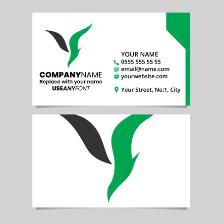 Green and Black Business Card Template with Diving Bird Shaped Letter Y Logo Icon Over a Light Grey Backgroundのイラスト素材